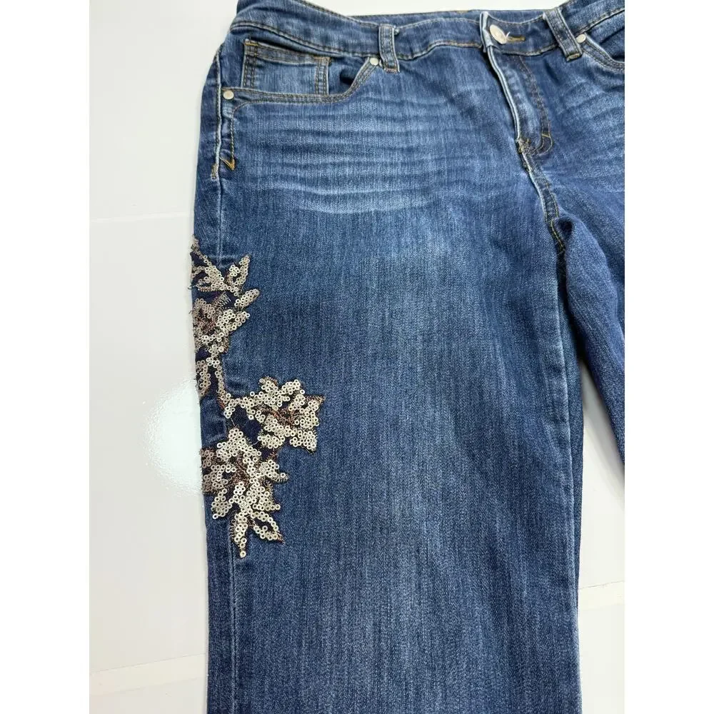 Christopher & Banks Embellished Sequin Floral Jeans Blue Stretch Mid Rise Size 4